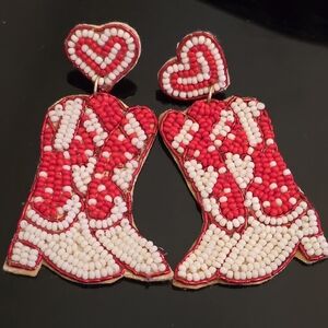 Red and White Beaded Cowboy Boot Earrings
